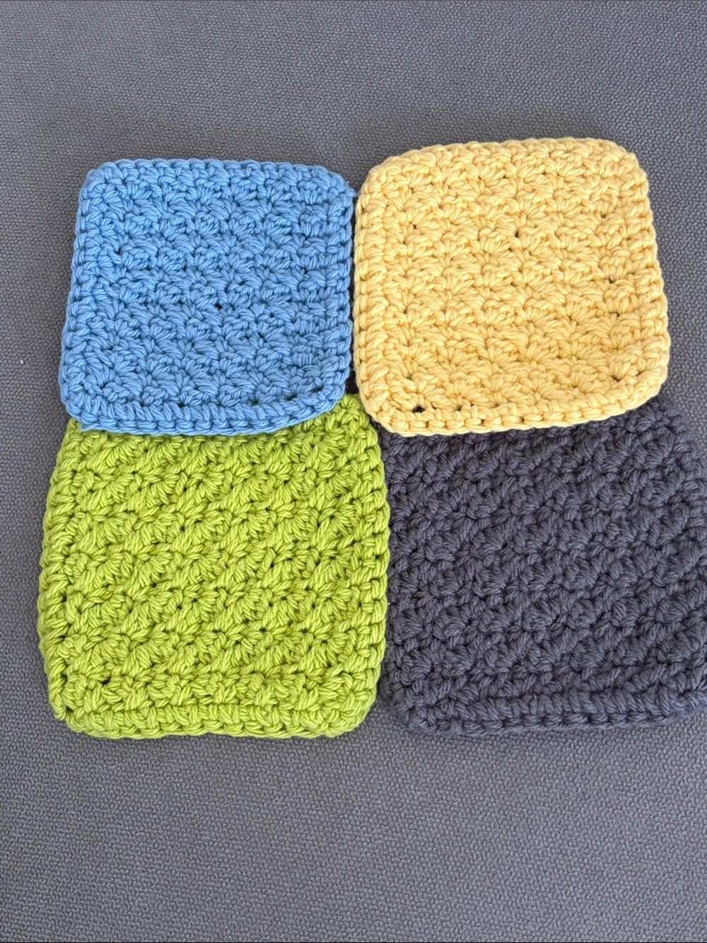 Hand Crafted Blue, Yellow, Lime Green, Gray Crochet Coasters